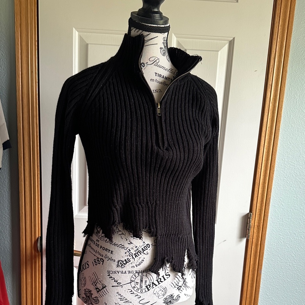 Black Ribbed Half-Zip Distressed Women's Sweater